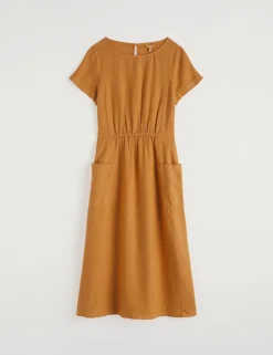 Pure Linen Round Neck Midi Waisted Dress