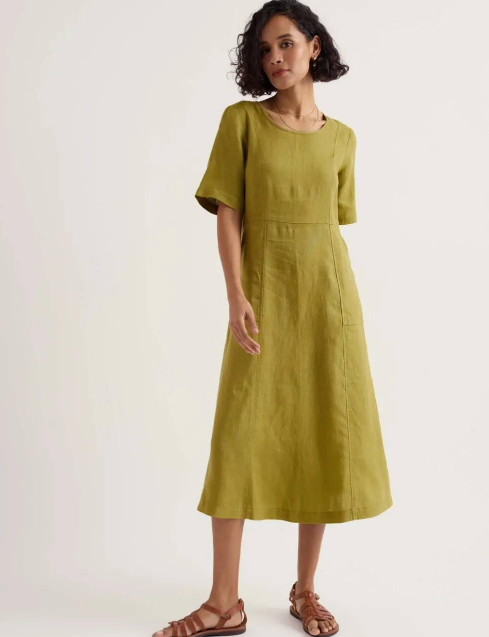 Pure Linen Round Neck Midi Waisted Dress