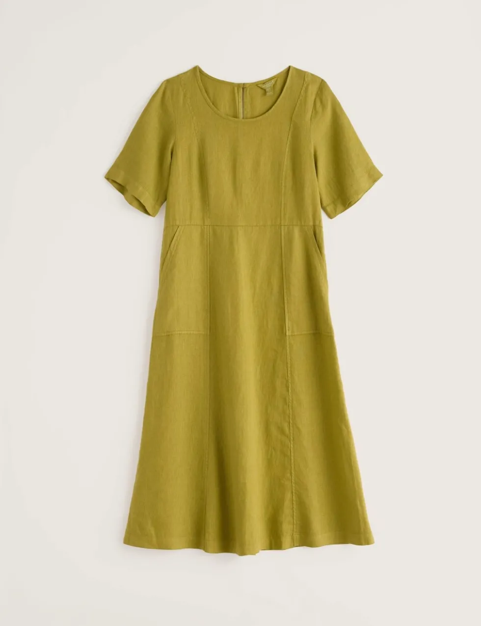Pure Linen Round Neck Midi Waisted Dress