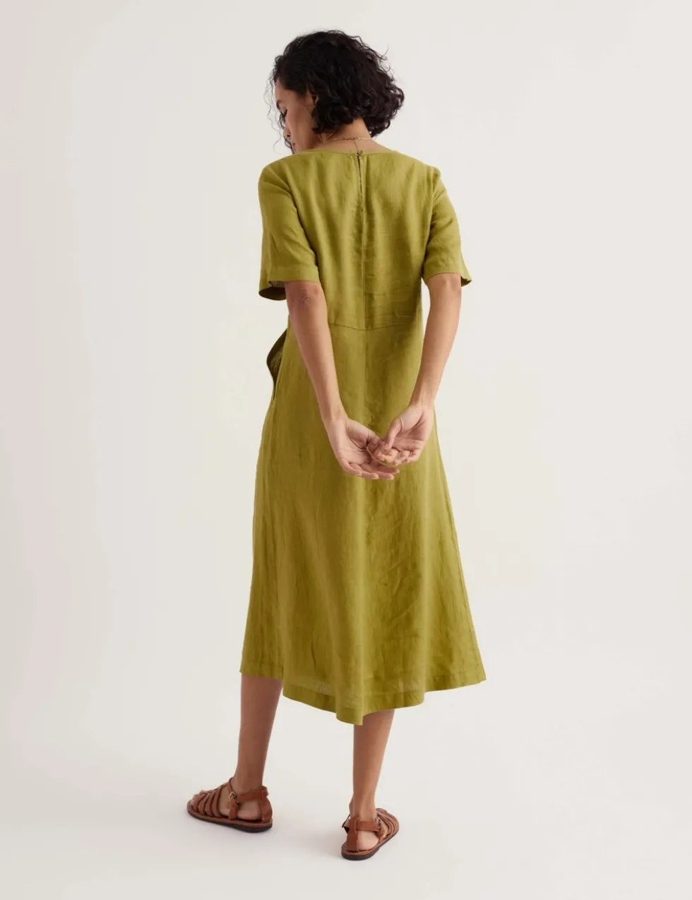 Pure Linen Round Neck Midi Waisted Dress
