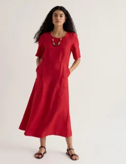 Pure Linen Round Neck Midi Waisted Dress