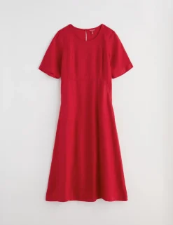 Pure Linen Round Neck Midi Waisted Dress
