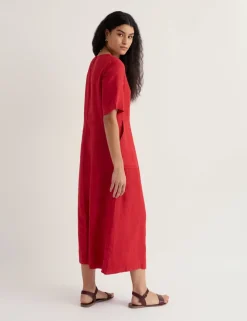 Pure Linen Round Neck Midi Waisted Dress