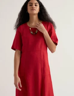 Pure Linen Round Neck Midi Waisted Dress