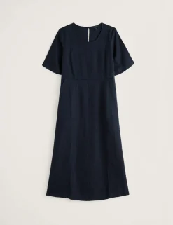 Pure Linen Round Neck Midi Waisted Dress