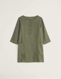 Pure Linen Scoop Neck Pocket Half Placket Tunic