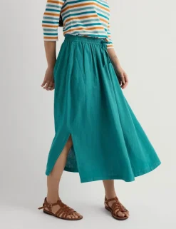 Pure Linen Side Split Midi A-Line Skirt