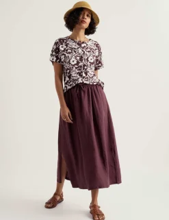 Pure Linen Side Split Midi A-Line Skirt
