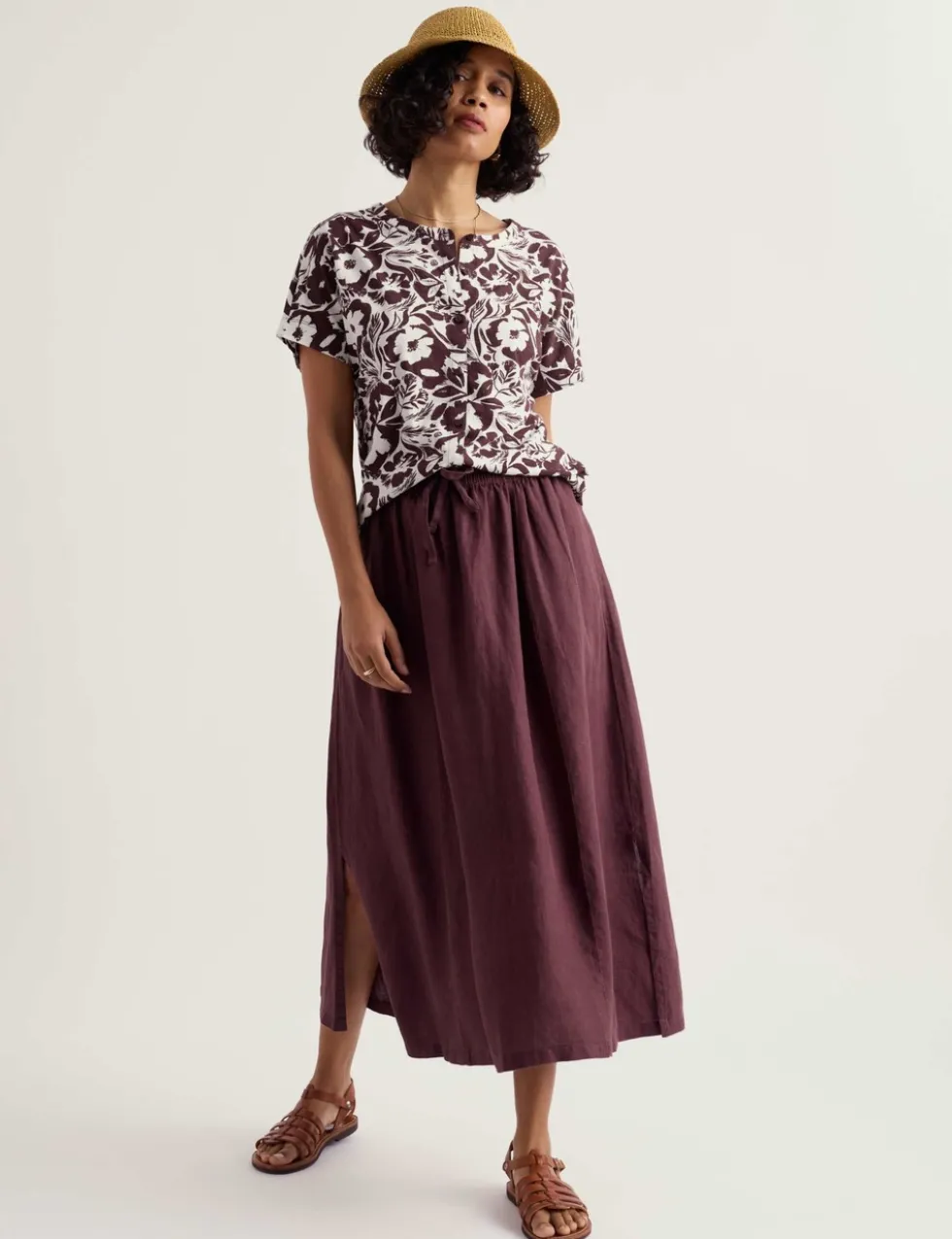 Pure Linen Side Split Midi A-Line Skirt