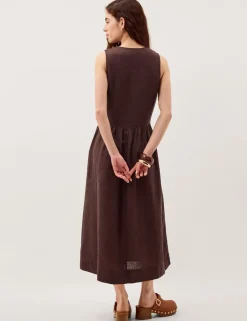 Pure Linen Square Neck Midi Waisted Dress