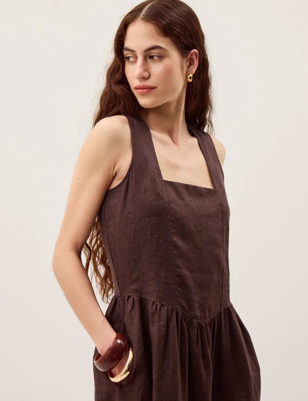 Pure Linen Square Neck Midi Waisted Dress