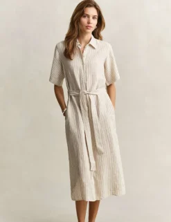 Pure Linen Striped Midi Shirt Dress