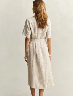 Pure Linen Striped Midi Shirt Dress