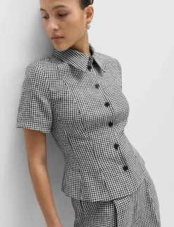 Pure Linen Tailored Checked Collared Jacket