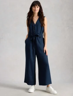 Pure Linen V-Neck Cropped Jumpsuit