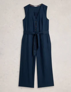 Pure Linen V-Neck Cropped Jumpsuit
