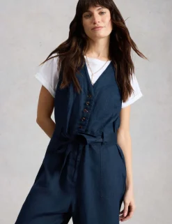 Pure Linen V-Neck Cropped Jumpsuit