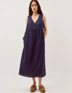 Pure Linen V-Neck Midi Column Dress