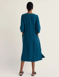 Pure Linen V-Neck Midi Shift Dress