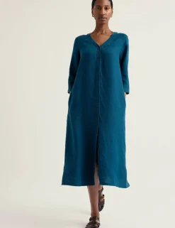 Pure Linen V-Neck Midi Shift Dress