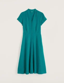 Pure Linen V-Neck Midi Shirt Dress