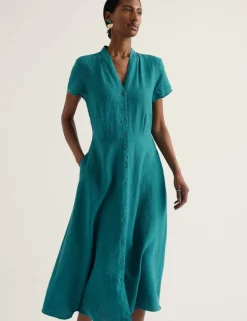 Pure Linen V-Neck Midi Shirt Dress