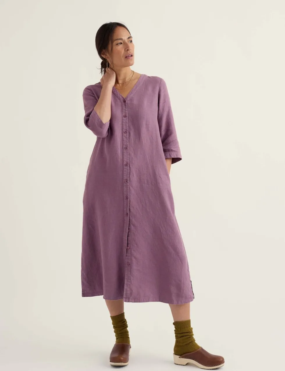 Pure Linen V-Neck Midi Shift Dress