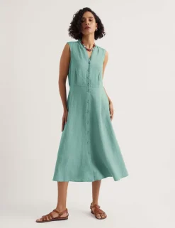 Pure Linen V-Neck Midi Waisted Dress
