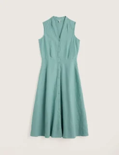 Pure Linen V-Neck Midi Waisted Dress