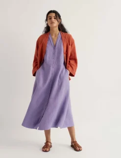 Pure Linen V-Neck Midi Waisted Dress