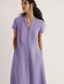 Pure Linen V-Neck Midi Waisted Dress