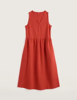 Pure Linen V-Neck Midi Waisted Dress