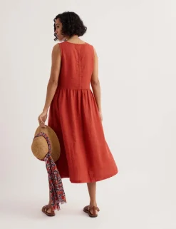Pure Linen V-Neck Midi Waisted Dress