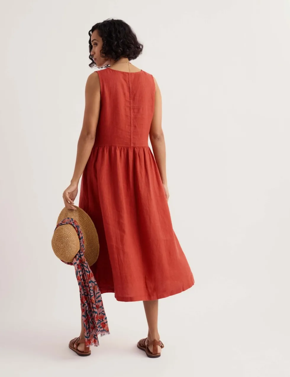 Pure Linen V-Neck Midi Waisted Dress