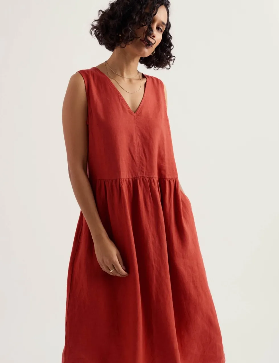 Pure Linen V-Neck Midi Waisted Dress
