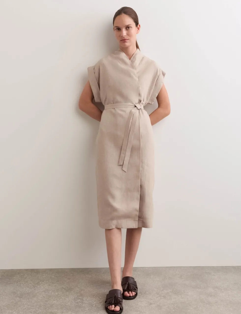Pure Linen V-Neck Midi Wrap Dress