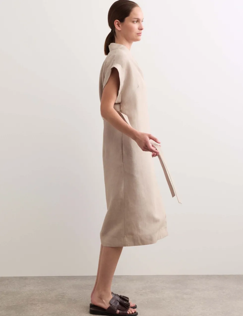 Pure Linen V-Neck Midi Wrap Dress