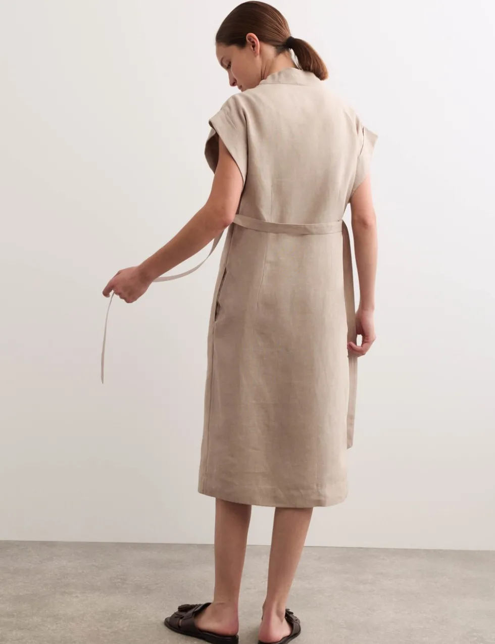 Pure Linen V-Neck Midi Wrap Dress