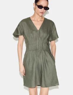 Pure Linen V-Neck Pintuck Mini Waisted Dress