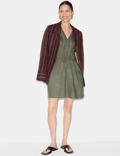Pure Linen V-Neck Pintuck Mini Waisted Dress