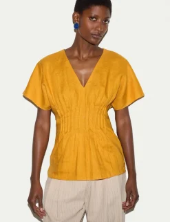 Pure Linen V-Neck Pintuck Waist Top