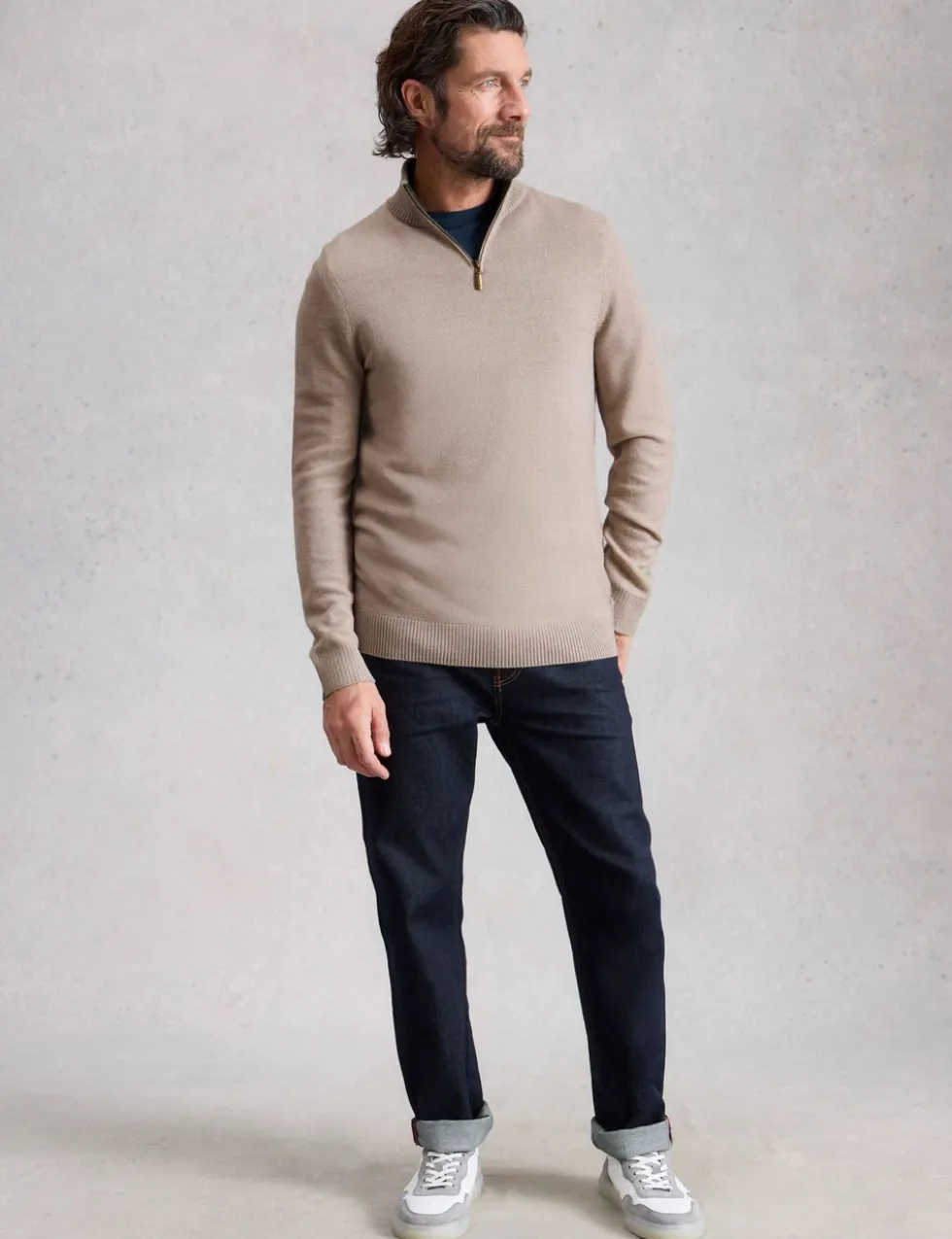 Pure Merino Wool Funnel Neck Half Zip Jumper