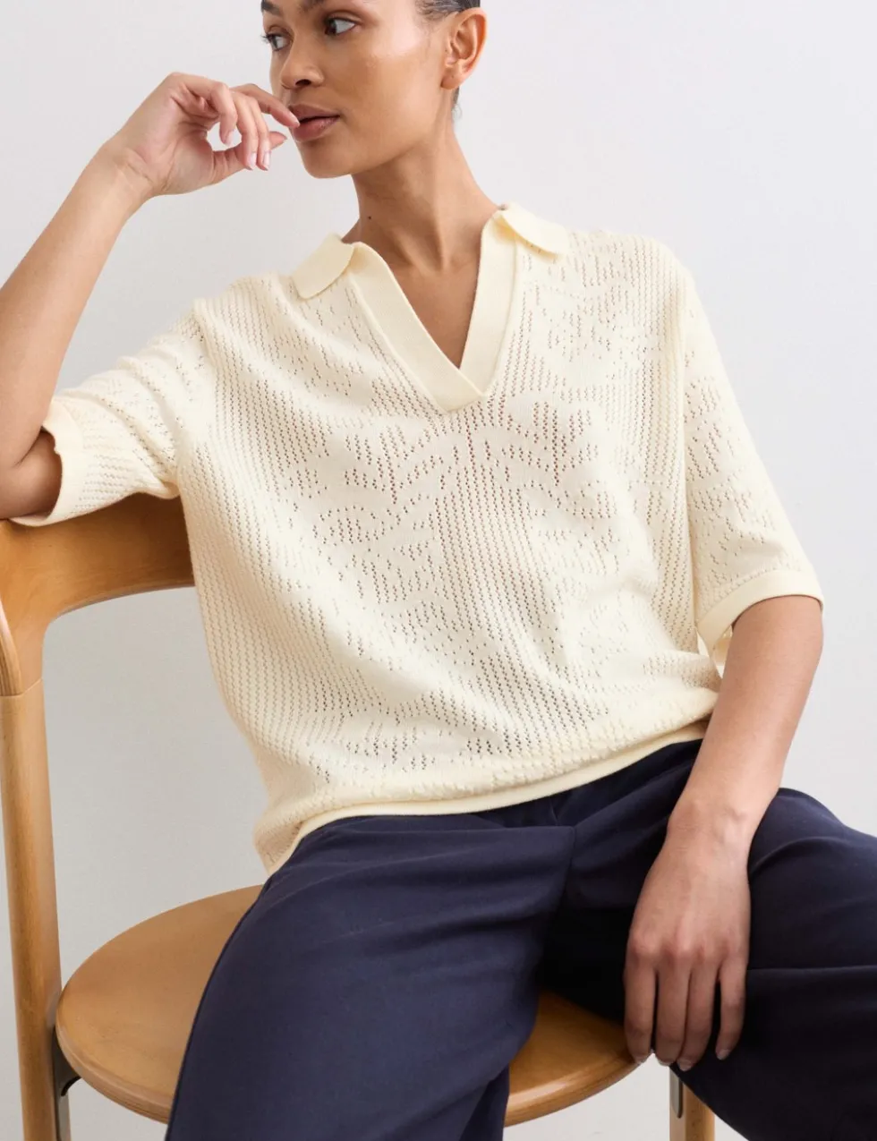 Pure Merino Wool Pointelle Polo Shirt