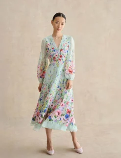 Pure Silk Floral Midi Waisted Dress