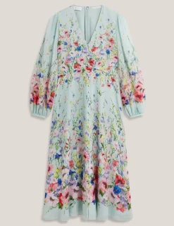 Pure Silk Floral Midi Waisted Dress