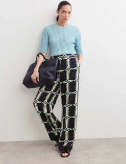 Pure Silk Geometric Print Wide Leg Trousers