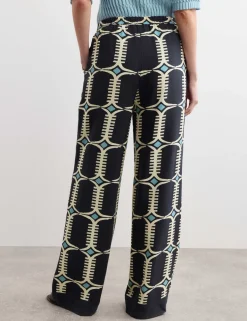 Pure Silk Geometric Print Wide Leg Trousers