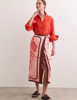 Pure Silk Linear Wave Print Midi Wrap Skirt