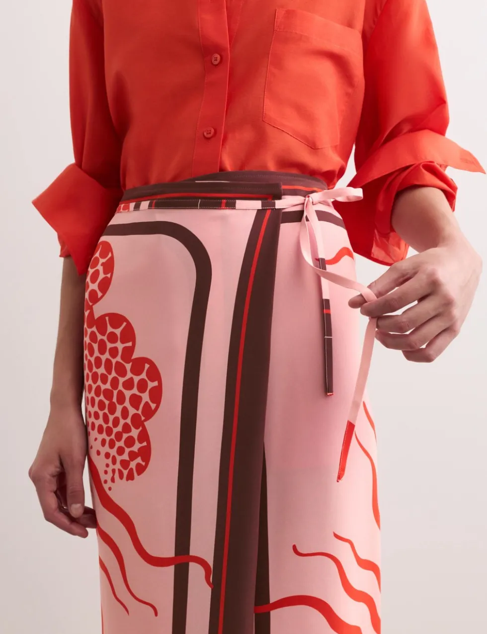 Pure Silk Linear Wave Print Midi Wrap Skirt