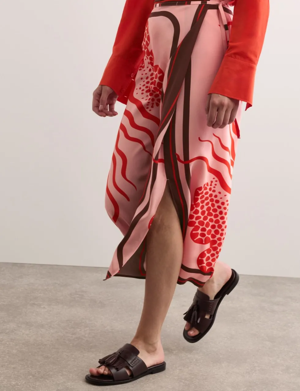 Pure Silk Linear Wave Print Midi Wrap Skirt